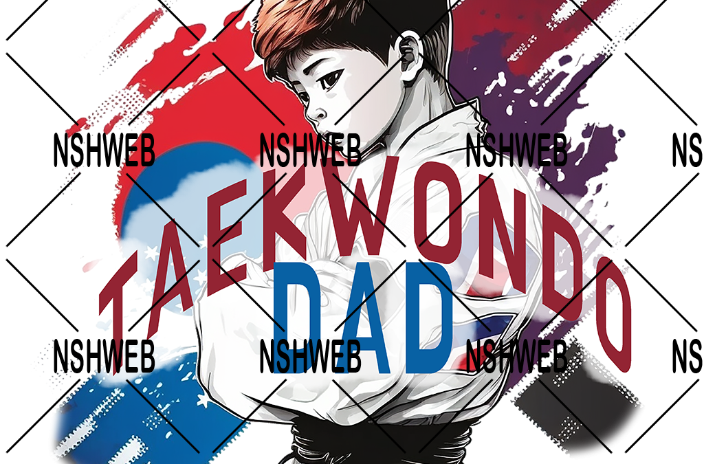 Petit garçon avec regard Style Manga et citation « Taekwondo Dad »