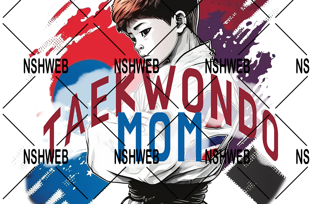Petit garçon avec regard Style Manga et citation « Taekwondo Mom »