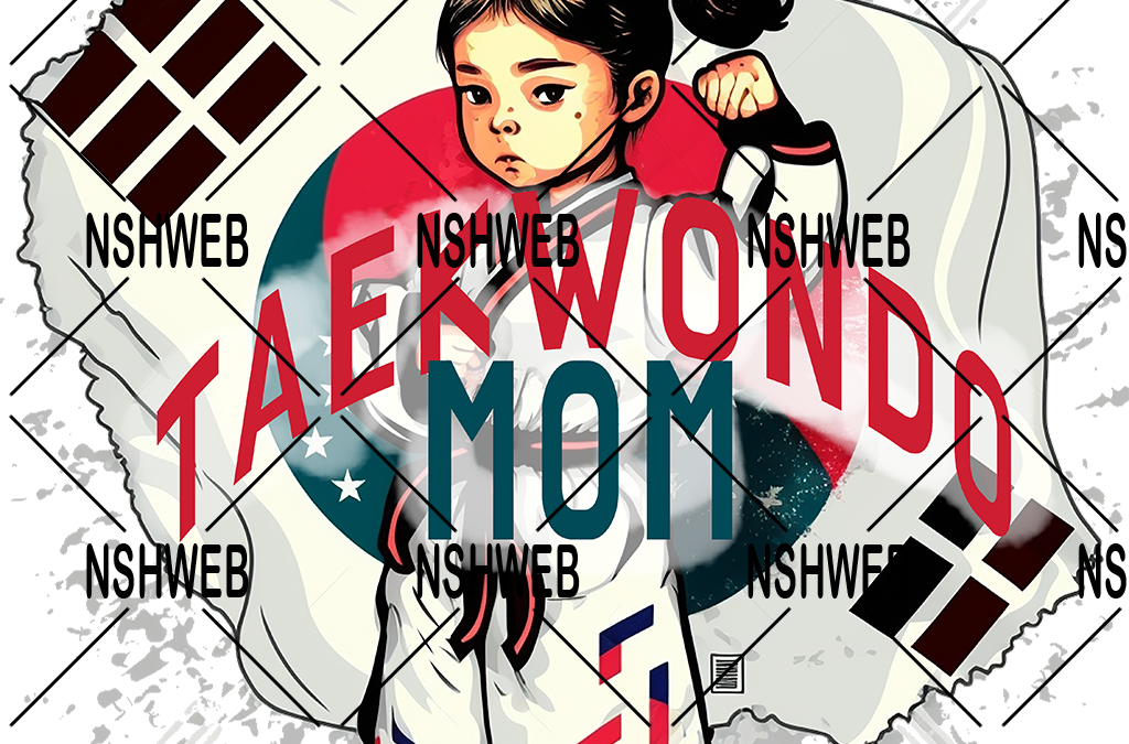 Petite fille avec regard Style Manga et citation « Taekwondo Mom »