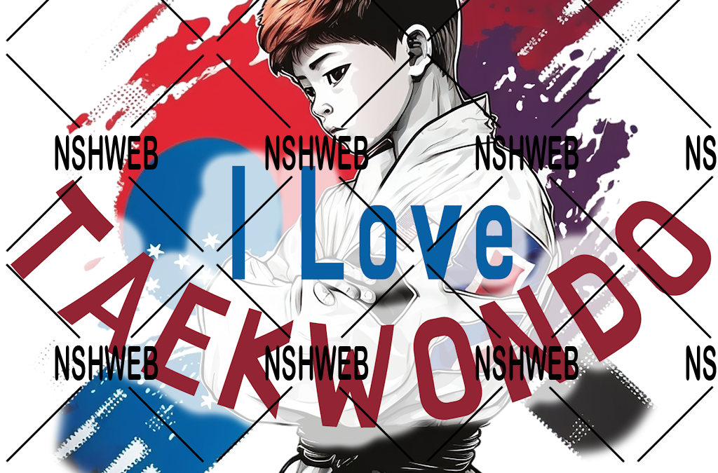 Petit boy avec regard Style Manga avec citation « I Love Taekwondo »