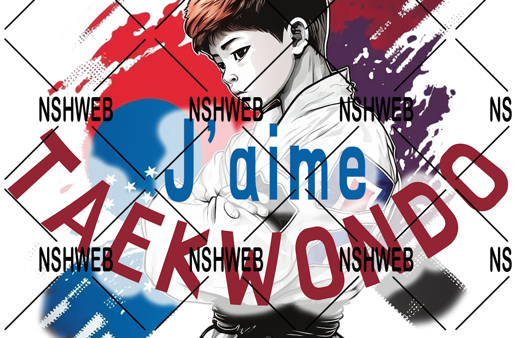 Petit boy avec regard Style Manga avec citation « J&rsquo;aime Taekwondo »