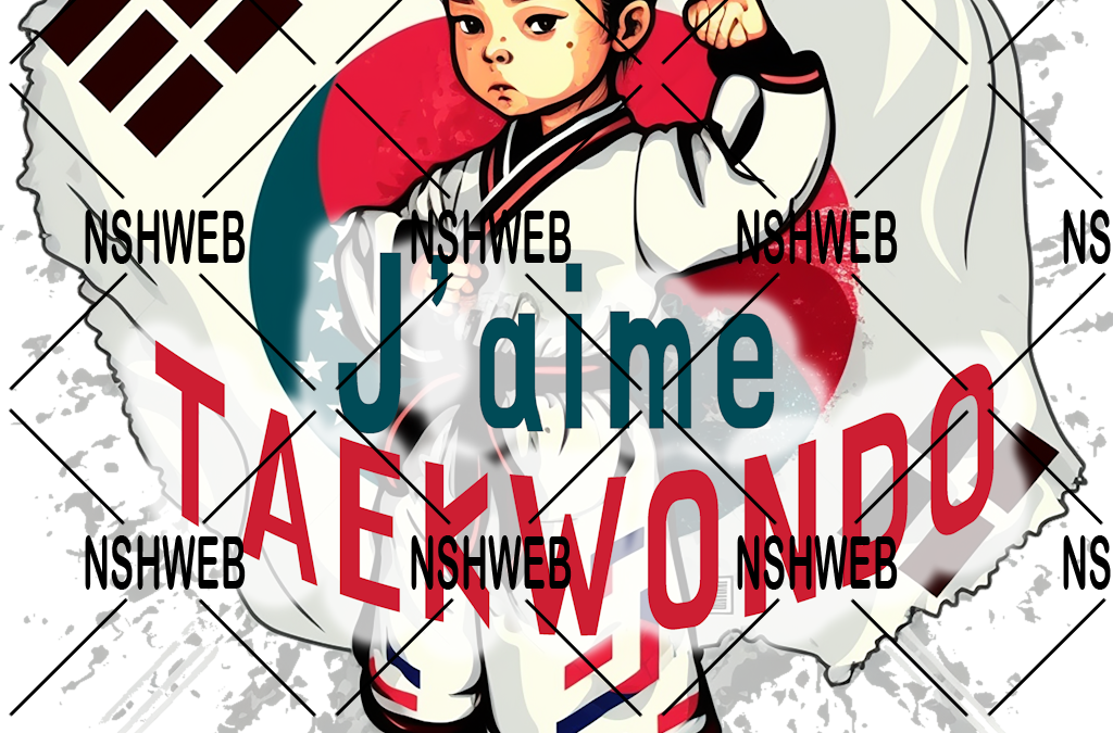 Petite fille avec regard Style Manga avec citation « J’aime Taekwondo »